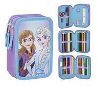 Estuche Escolar Infantil de Frozen - Color Azul - Cierre de Cremallera - 12,5 x 6,5 x 19,5 cm - Triple Compartimento - Incluye Accesorios - Producto Original Diseñado en España