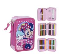 Estuche Escolar Infantil de Minnie Mouse - Color rosa - Cierre de Cremallera - 12,5 x 6,5 x 19,5 cm - Triple Compartimento - Incluye Accesorios - Producto Original Diseñado en España