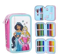 Estuche Escolar Infantil de Princesas Disney - Cierre de Cremallera - 12,5 x 6,5 x 18,5 cm - Plumier con Triple Compartimento - Incluye Accesorios - Producto Original Diseñado en España