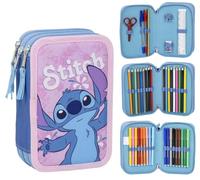 Estuche Escolar Infantil de Stitch - Color Rosa - Cierre de Cremallera - 12,5 x 6,5 x 19,5 cm - Triple Compartimento - Incluye Accesorios - Producto Original Diseñado en España