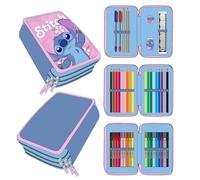 Estuche Escolar Infantil de Stitch - Color Rosa - Cierre de Cremallera - 12,5 x 6,5 x 19,5 cm - Triple Compartimento - Incluye Accesorios