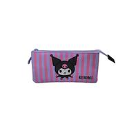 Estuche Escolar Kuromi Triple - Cierre de Cremallera - Interior Totalmente Forrado y Personalizado - Portatodo con 3 Compartimientos - 11,5 X 23,5 X 3CM