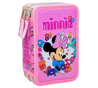 Estuche Escolar Niña para Minnie Fan - Plumier Triple 3 Cremalleras Completo (44 Piezas) - Efecto 3D - Kit Material Escolar Primaria (6-10 Años) 20x12x7 cm