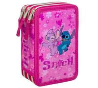 Estuche Escolar Niña para Stitch y Angel Fan - Plumier Triple 3 Cremalleras Completo (44 Piezas) - Efecto 3D - Kit Material Escolar Primaria (6-10 Años) 20x12x7 cm
