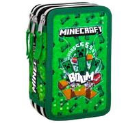 Estuche Escolar Niño para Minecraft Fan - Plumier Triple 3 Cremalleras Completo (44 Piezas) - Efecto 3D - Kit Material Escolar Primaria (6-10 Años) 20x12x7 cm
