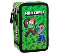 Estuche Escolar Niño para Minecraft Fan - Plumier Triple 3 Cremalleras Completo (44 Piezas) - Efecto 3D - Kit Material Escolar Primaria (6-10 Años) 20x12x7 cm