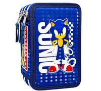 Estuche Escolar Niño para Sonic Fan - Plumier Triple 3 Cremalleras Completo (44 Piezas) - Efecto 3D - Kit Material Escolar Primaria (6-10 Años) 20x12x7 cm