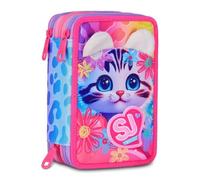 Estuche escolar SJ Girl Gang Seven - Cat & Air gatito Tigrotto - 3 pisos completo de papelería para niño + regalo llavero lentejuelas y bolígrafo multicolor