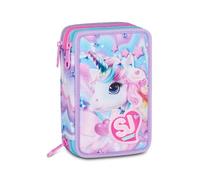 Estuche escolar SJ Girl Gang Seven - Glow Led Unicornio - 3 pisos completo de papelería para niña + Llavero lentejuelas y bolígrafo de colores