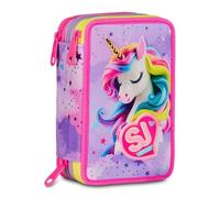 Estuche escolar Sj Girl Seven - Fable Journey unicornio - 3 pisos completo de papelería para niño + regalo llavero lentejuelas y bolígrafo multicolor