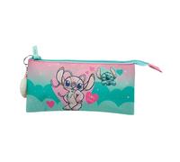 Estuche Escolar Triple Angel & Stitch - Interior Forrado y Cierre de Cremallera - Portatodo con 3 Compartimientos - 11.5 X 23.5 X 3 CM