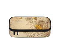 Estuche étnico a rayas, gran capacidad, bolsa de papelería de oficina, bolsa de cosméticos con compartimentos para niñas, niños y adultos, abejas de miel rurales, flores silvestres, talla única