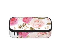 Estuche étnico a rayas, gran capacidad, bolsa de papelería de oficina, bolsa de cosméticos con compartimentos para niñas, niños y adultos, flor rosa, talla única