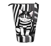 Estuche extensible para lápices con diseño de gatito a rayas blancas y negras, tela Oxford multidiseño, altura ajustable, bolsa de cosméticos multiusos