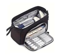 Estuche extragrande - Organizador de color sólido de 22 cm con múltiples compartimentos para suministros escolares y de oficina, Black, Talla única, Estilo único