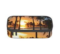 Estuche funcional de moda con estampado de amanecer en la playa y palmeras retroiluminadas, práctico para uso diario, artículos de tocador de maquillaje