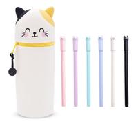 Estuche Gato de Silicona Extensible 2 en 1 con 6 Bolígrafos Negros de Vertical para Niñas Estudiantes Regalo Escolar Kawaii Bonito para Escritorio Papelería Original Infantil