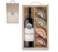 Estuche Gourmet 4 Quesos Artesanos de Leche Cabra con Botella Vino Tinto Emilio Moro | Caja de Madera | Queso Semicurado, Romero, Pimentón y Curado | Regalo Gastronómico | Ganadería Propia