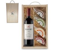 Estuche Gourmet 4 Quesos Artesanos de Leche Cabra con Botella Vino Tinto Mauro | Caja de Madera | Queso Semicurado, Romero, Pimentón y Curado | Regalo Gastronómico | Ganadería Propia