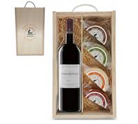 Estuche Gourmet 4 Quesos Artesanos de Leche Cabra con Botella Vino Tinto Tomas Postigo | Caja de Madera | Queso Semicurado, Romero, Pimentón y Curado | Regalo Gastronómico | Ganadería Propia