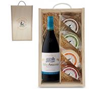 Estuche Gourmet 4 Quesos Artesanos de Leche Cabra con Botella Vino Tinto Viña Ardanza | Caja de Madera | Queso Semicurado, Romero, Pimentón y Curado | Regalo Gastronómico | Ganadería Propia