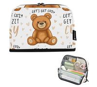 Estuche grande blanco con diseño de oso de peluche con cremallera, estuche de almacenamiento para lápices, bolsa de lápices para el aula, bolsa para bolígrafos para niños, arte floral, escuela