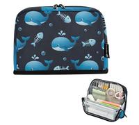 Estuche grande con cremallera para lápices, bolsa de almacenamiento para lápices, bonita bolsa para bolígrafos, impresiones para niñas, suministros de escuela secundaria, lindas ballenas azules, negro