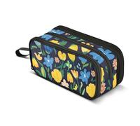 Estuche grande con cremallera para lápices, diseño de flores amarillas, azules, crema, negro, para niñas, estudiantes, bolsa de almacenamiento para lápices, papelería, suministros escolares, 8.8 x 3.5