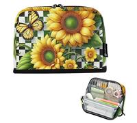 Estuche grande con cremallera para lápices, diseño de girasoles, a cuadros, bonito estuche para marcadores para niñas, papelería, niños, organizador de suministros de vuelta a la escuela