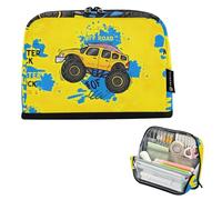 Estuche grande con cremallera para lápices, diseño de Monster Trucks de color amarillo, bolsa de almacenamiento para el aula, bolsa para bolígrafos, artículos de papelería para niños, organizador