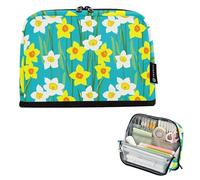 Estuche grande con cremallera para lápices, diseño de narcisos amarillos, flores, verde azulado, bolsas de almacenamiento para el aula, bolsa decorativa para niños, organizador de suministros de