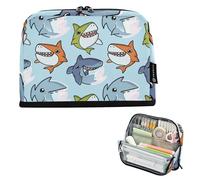 Estuche grande con cremallera para lápices, diseño de tiburones de dibujos animados, azul claro, bolsa de almacenamiento para adolescentes y niñas, bolsa para bolígrafos, niños, estampado de animales