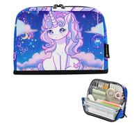 Estuche grande con cremallera para lápices, diseño de unicornio de dibujos animados, color rosa y morado, bolsa de almacenamiento para lápices, bonito estuche para rotuladores, para niñas, diseño de