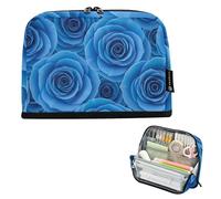 Estuche grande con cremallera para lápices, diseño floral, flores azules, acuarela, bolsa de almacenamiento para lápices, bonita bolsa para bolígrafos para niñas, marcadores, arte, niños, organizador