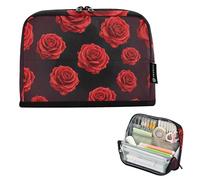 Estuche grande con cremallera para lápices, rosas rojas, negro, bolsa de almacenamiento para lápices, bonita bolsa para bolígrafos, papelería para niñas, suministros de vuelta a la escuela