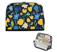 Estuche grande para lápices, con cremallera, flores amarillas, azules, crema, negro, bolsas de almacenamiento para lápices, bonita bolsa para bolígrafos para niñas, gran capacidad, artículos de