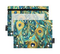 Estuche grande para lápices con ventana transparente, plumas de pavo real verde y dorado, con cremallera en varios colores, carpetas perforadas de 3 agujeros para almacenar suministros escolares y de