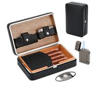 Estuche humidor de puros de viaje con encendedor y cortador, cuero forrado de madera de cedro, capacidad para 4 puros, higrómetro y humidificador integrados, kit portátil de viaje (sin puros) (negro)