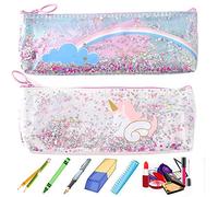 Estuche Lápices Arenas Movedizas Estuche Lápices Unicornio Multifunción Estuche Para Lápices Dibujos Animados 2 Pcs Con Lentejuelas Arenas Movedizas Para Lápiz Borrador Regla Azul Blanco Niño Niña