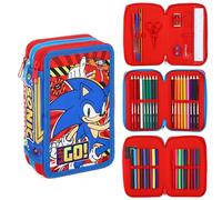 Estuche lleno de Sonic para niños, 3 niveles, con bolígrafos, lápices y marcadores, juego de temática de personajes de Sonic The Hedgehog Boys