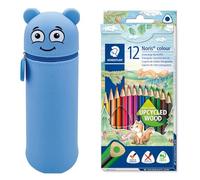 Estuche MARKY con diseño Emoji en Azul, Silicona Suave y Resistente, Incluye 12 lápices de Color STAEDTLER Noris Color 187, Formato Triangular ergonómico, Fabricado con Madera reciclada