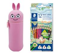 Estuche MARKY en diseño Emoji en Rosa, Silicona Suave y Resistente, Incl. 12 lápices de Color STAEDTLER Noris Color 187, Formato Triangular ergonómico, Fabricado en Madera reciclada