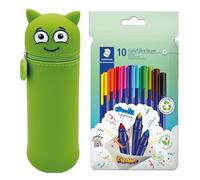 Estuche MARKY en diseño Emoji en Verde, Silicona Suave y Resistente, Incl. 10 rotuladores STAEDTLER triplus Color 323, Triangular, Punta Resistente a la impresión, Aprox. 1 mm, 97% Material Reciclado