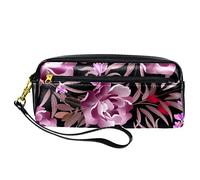 Estuche moderno de acuarela con flores rosas y flores, bolsa de piel sintética con cremallera para niños y niñas, suministros escolares y de oficina