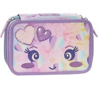 Estuche Mofu Mofu conejo violeta escuela primaria triple, estuche portalápices y portalápices con 18 lápices de colores, 18 rotuladores y juego de papelería + llavero de lentejuelas y bolígrafo de