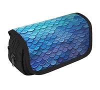 Estuche organizador de escamas de pescado de sirena azul de gran capacidad, bonito estuche para bolígrafos con 3 compartimentos, artículos de papelería de oficina, bolsas grandes con cierre de tela