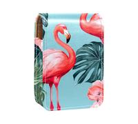 Estuche Organizador de lápiz Labial de Viaje,Bolso de Maquillaje portátil con Espejo,Flamingo Hojas Tropicales Flores
