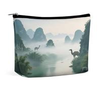 Estuche organizador de maquillaje de viaje impermeable, de piel sintética, con bruma matutina en las montañas y aguas, neceser pequeño bonito, bolsa portátil con cremallera para mujeres y hombres