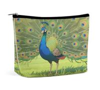 Estuche organizador de maquillaje de viaje impermeable, de piel sintética, diseño de pavo real, pequeño estuche de aseo bonito, bolsa portátil con cremallera para mujeres y hombres, accesorios de