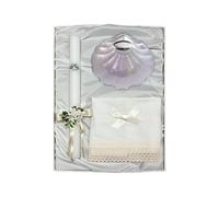 Estuche Paño de Lino, Vela y Concha Bautismo (Grabado incluido) (Concha cristal nacarado)